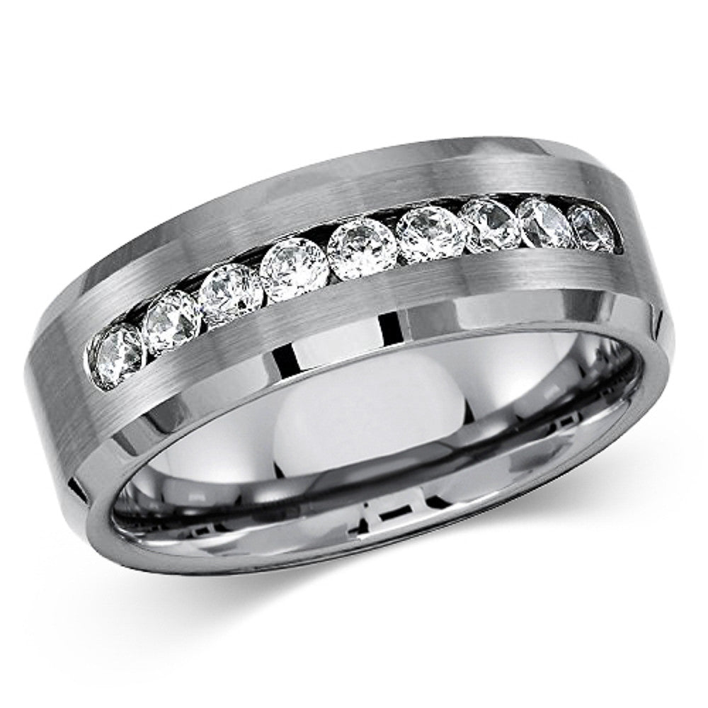 ARCJTI486 Men's Solid Titanium Beveled Edge Center Cubic Zirconia Comfort Fit Wedding Band